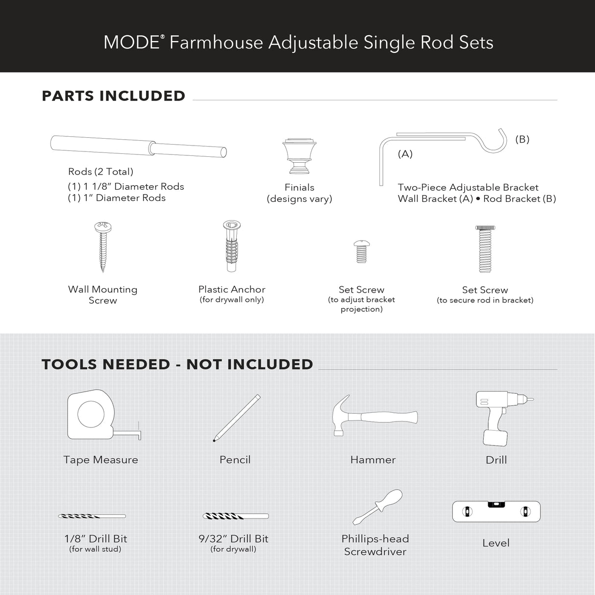 MODE Farmhouse Collection 1 1/8" Diameter Curtain Rod Set with Porch Doorknob Curtain Rod Finials and Steel Wall Mounted Adjustable Curtain Rod, Fits 36” to 72” Windows, Weathered Oak MODE