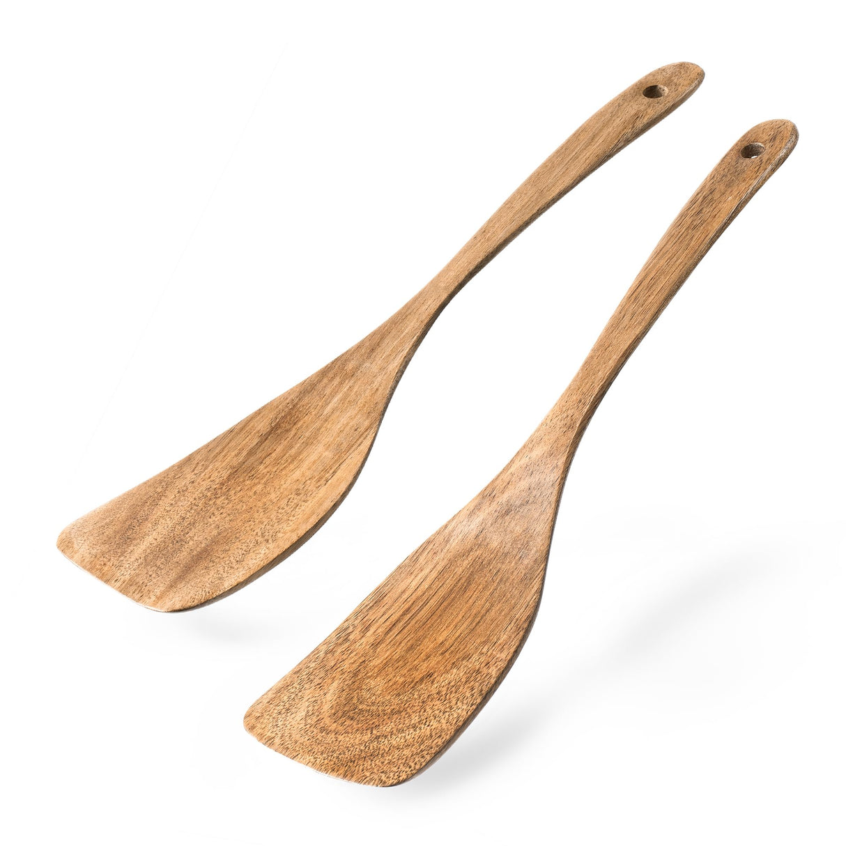 Hefild 2Pcs Curved Wooden Spatula for Cooking, 12.5inch Wood Turner for Frying, Non-Scratch Wood Flat Spurtle for Pan & Wok, Acacia Wooden Cooking Utensils for Non Stick Cookware, Long Handle Scraper Hefild