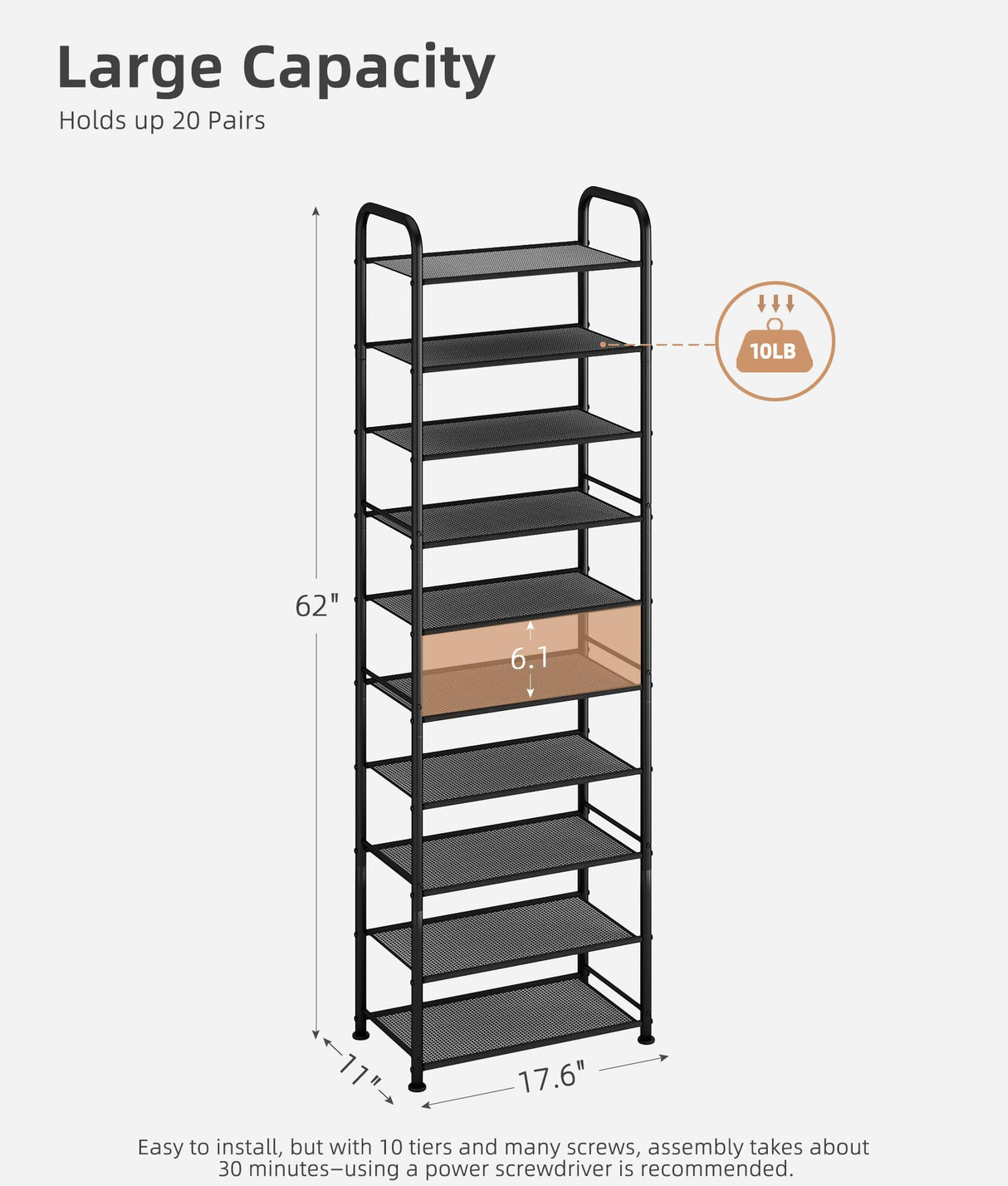 STORAGE MANIAC 10-Tier Tall Shoe Rack, 20 Pairs Narrow Slim Shoe Shelf, Metal Frame Shoes Stand for Small Space, Space-Saving Shoes Organizer, Vertical Shoes Tower for Garage, Entryway, Closet, Dorm STORAGE MANIAC