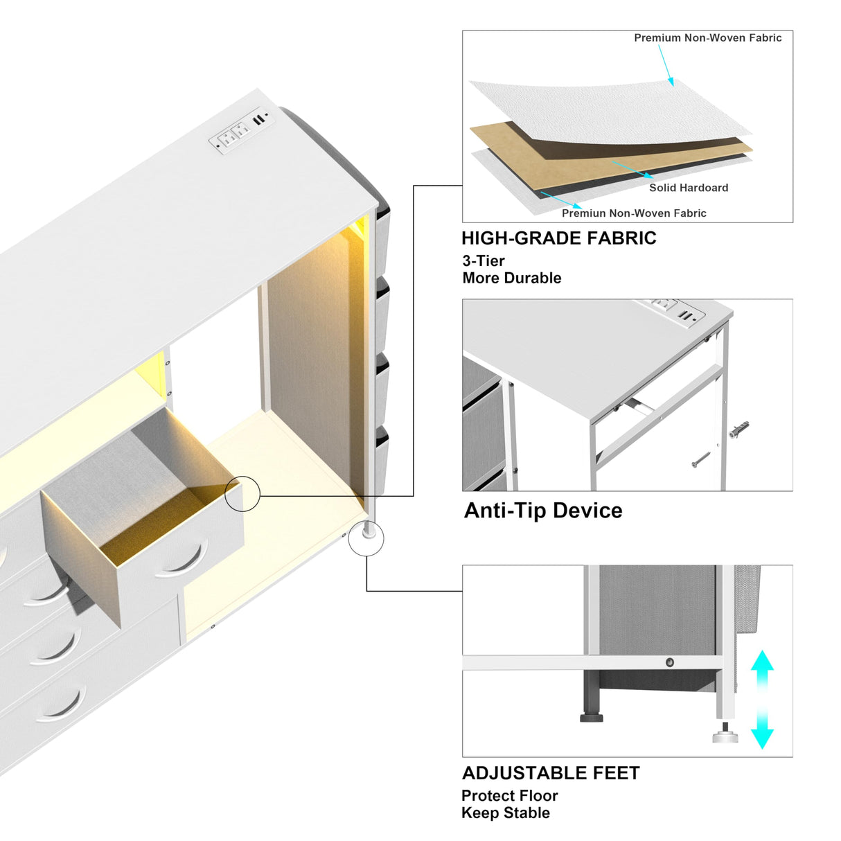 Espelism Dresser for Bedroom with Clothes Rack & Side Pockets White 5 Drawers Dresser with Charging Station & LED Lights Sturdy Steel Frame Wood Top Organizer Unit for Nursery Hallway Closet Espelism