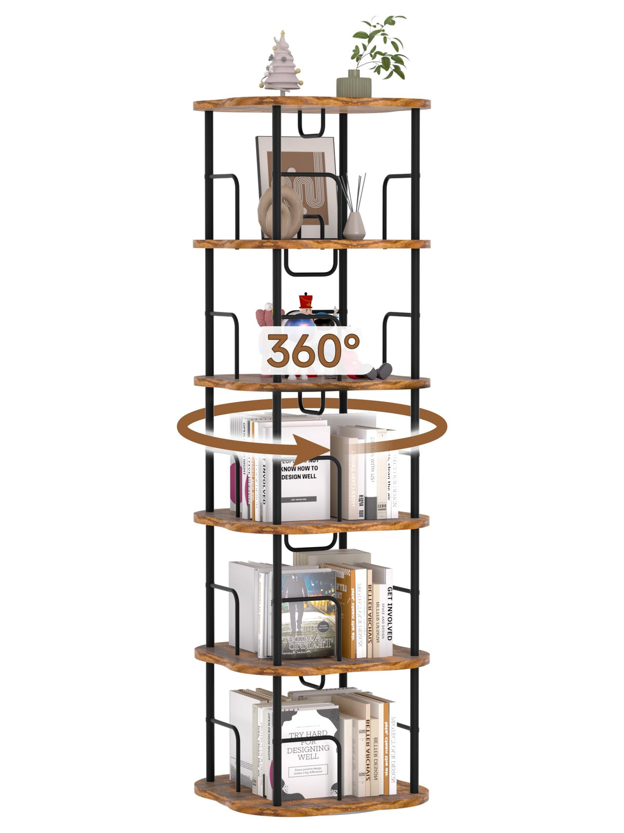 TEROL 5-Tier Rotating Book Shelf, 360° Display Spinning Bookshelf Tower, Book Organizer, Floor Standing Bookcases for Small Space, Corner Book Shelf for Bedroom, Living Room, Study Room (RUSTIC BROWN) TEROL