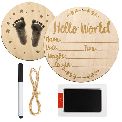 Wooden Baby Announcement Sign, 5.9 inch Baby Birth Announcement Sign with Ink Pad Markers Hello World Newborn Sign Baby Nursery Name Sign for