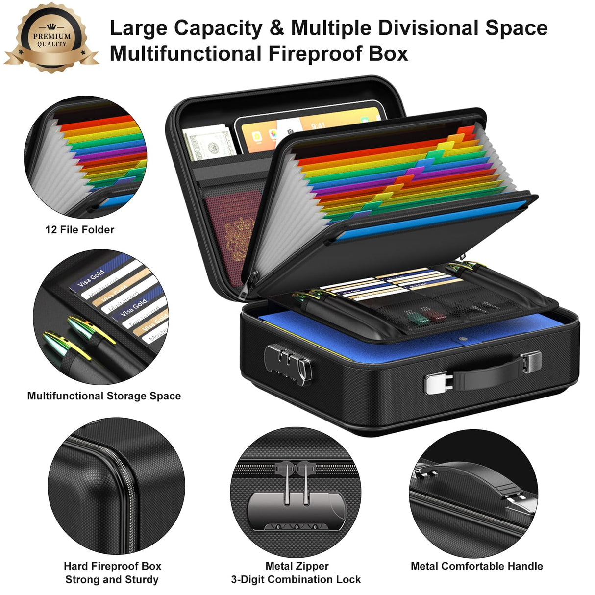 COLCASE Fireproof Document Box, Hard Case Fireproof File Organizer with Lock Hard-Shell Design Fireproof Water Resistant Safe Box for Important Documents Certificates Laptop Passports Black COLCASE