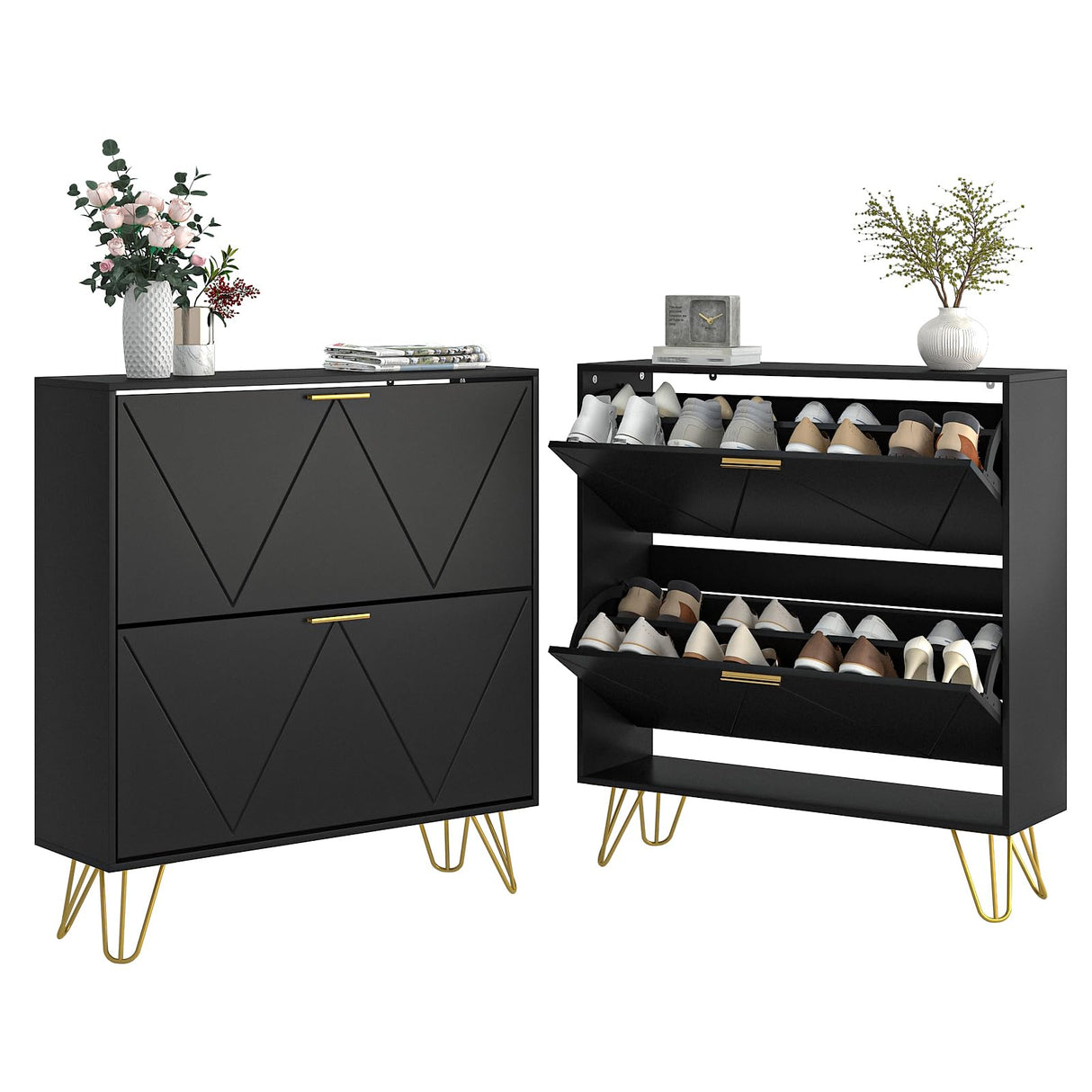 LYNSOM Shoe Cabinet with 2 Flip Drawers, Black Shoe Storage Cabinet, Slim Wooden Freestanding Shoe Rack, Shoe Organizer with Fluted Panel for Entryway Hallway LYNSOM