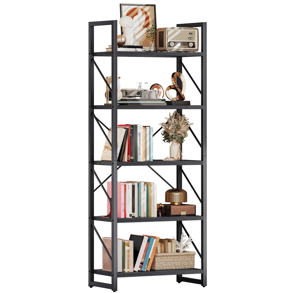 DWVO 5 Tier Bookshelf, Black Bookcase Storage Organizer, Modern Book Shelf Storage Rack Shelves for Bedroom, Living Room, Home Office, Black