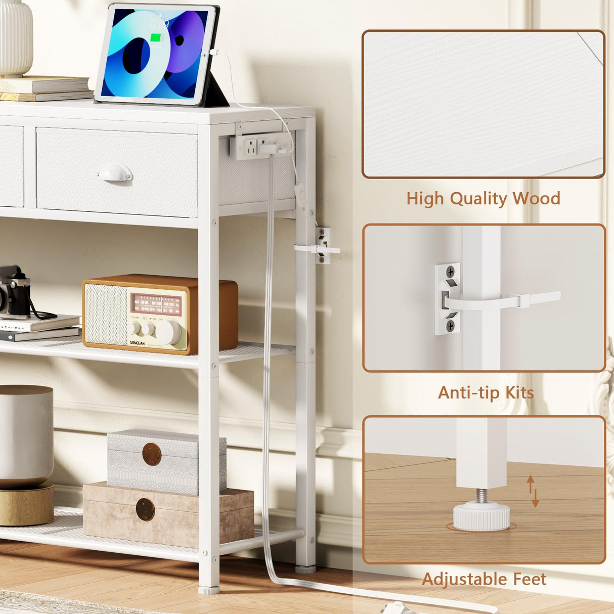 Furologee 38in Console Table with 3 Drawers, Small Sofa Table with Lights and Power Outlets, Hallway Tables with 3-Tier Shelves, White Narrow Console Table for Entryway, Living Room, Couch, Foyer Furologee