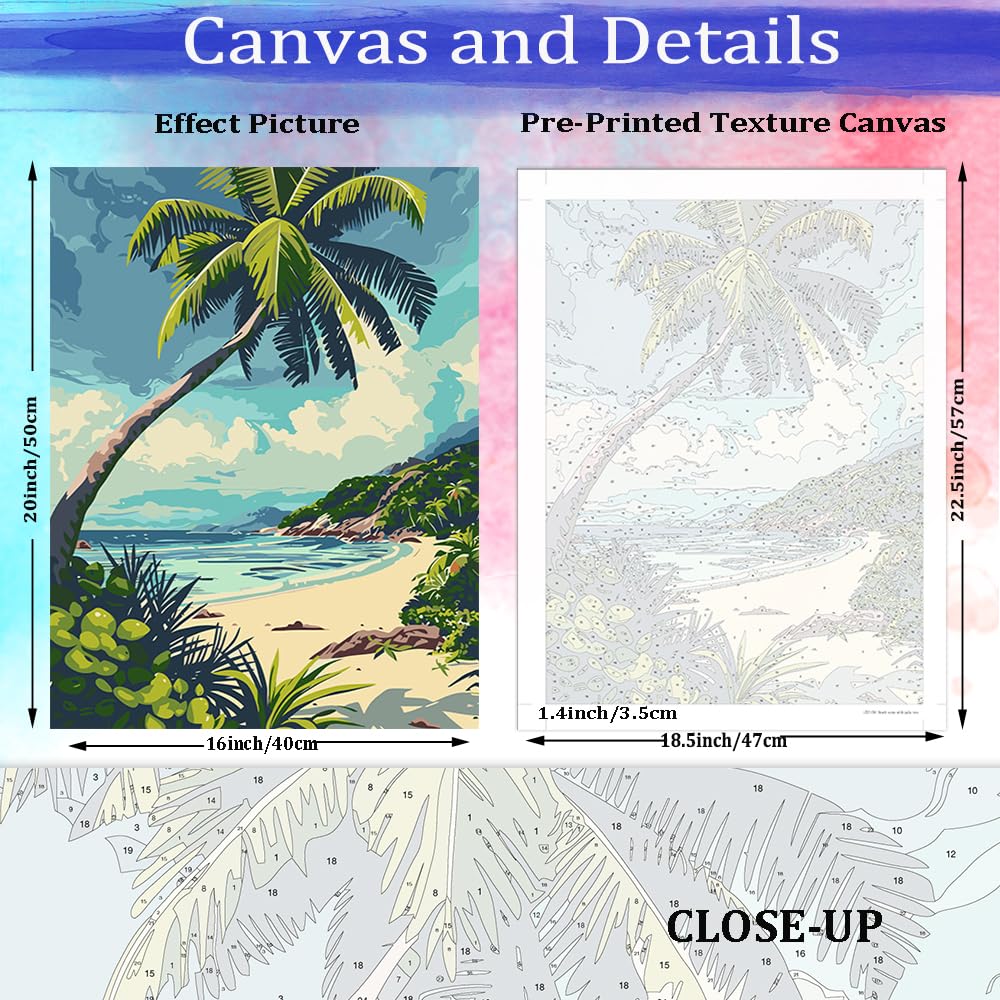 JUJUHOOD Beach Scene with Palm Tree Paint by Numbers Kit for Adults, Beach Adult Paint by Number Kits,DIY Acrylic Paint by Number on Canvas for Home Wall Decor 16X20 Inch JUJUHOOD