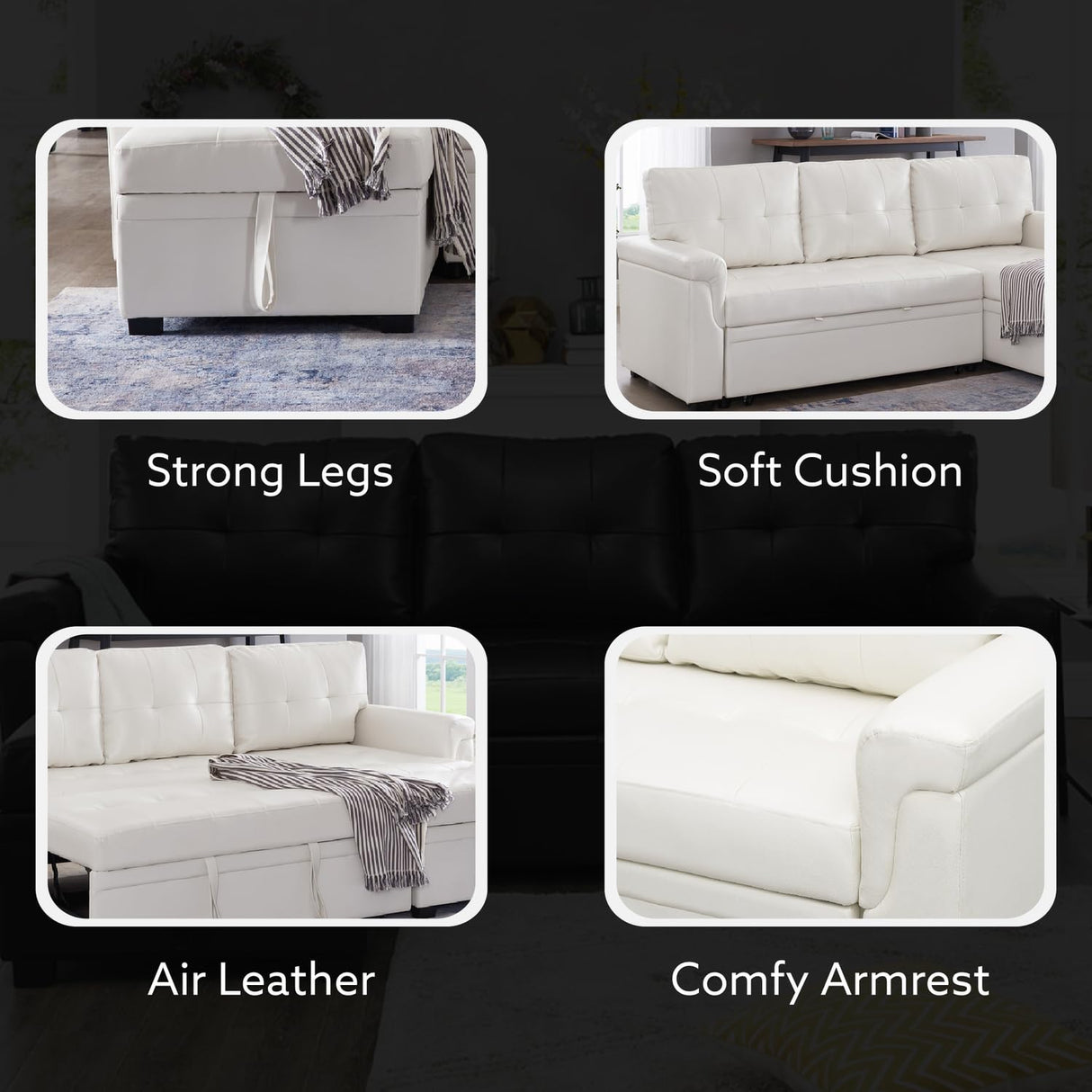 Naomi Home Transform Any Space: Sleeper Sectional Sofa with Convertible Sofa Bed & Inviting Chaise. Find Tranquil Comfort with Stress-Relieving Design & Durable Cushions - White/Air Leather Naomi Home