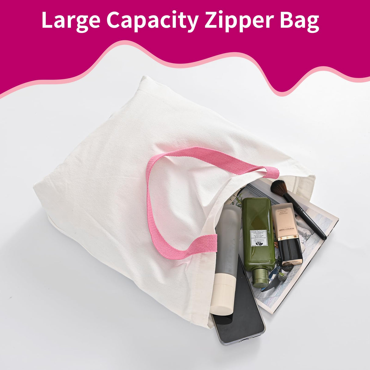 OLSUNOR 10 Pack Canvas Tote Bag with Zipper, Reusable Grocery Bags with Long Handle, DIY Heat Transfer Sublimation Blanks Shopping Bags for Advertising, Birthday, Halloween, Christmas Craft Bags OLSUNOR