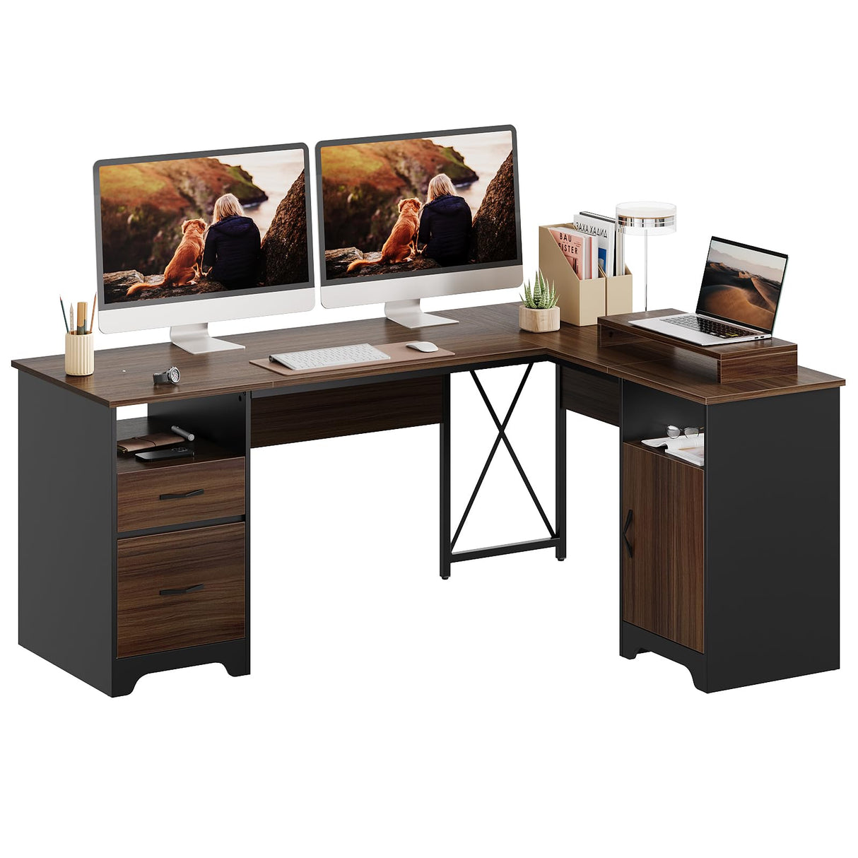 Bestier L Shaped Desk with File Drawers, 63" x 47" Office Computer Desk with Storage Cabinet, Corner Desk with Monitor Stand & Modesty Panel for Home Office, Gray Bestier