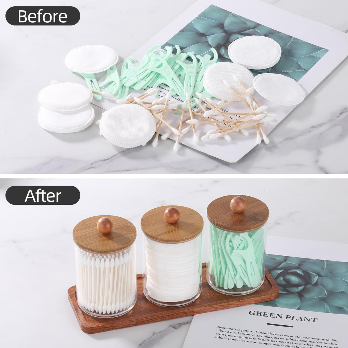 Tbestmax Qtip Holder with Vanity Tray, Clear Bathroom Containers Dispenser for Storage Cotton Swab/Ball/Pad Holder Wood Lids Tbestmax