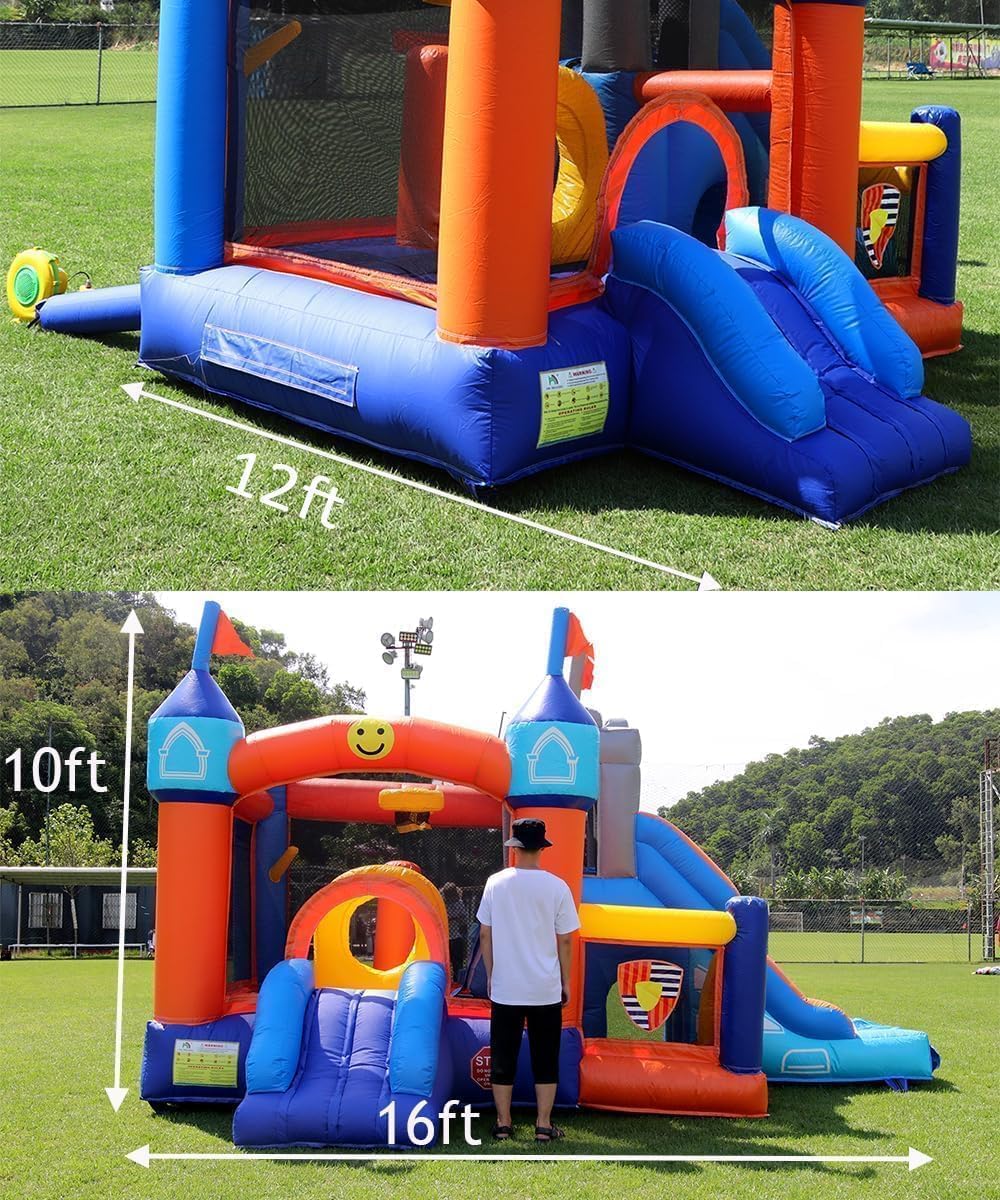16x12FT Commercial Grade Bounce House Castle Inflatable, (Heavy Duty PVC), (1100w Blower)- 2 Slide, Ball Pit, Basketball Hoop, Obstacle - Bouncy House for Big Kid 5-12, Outdoor Party Toy Pool Backyard Okayego