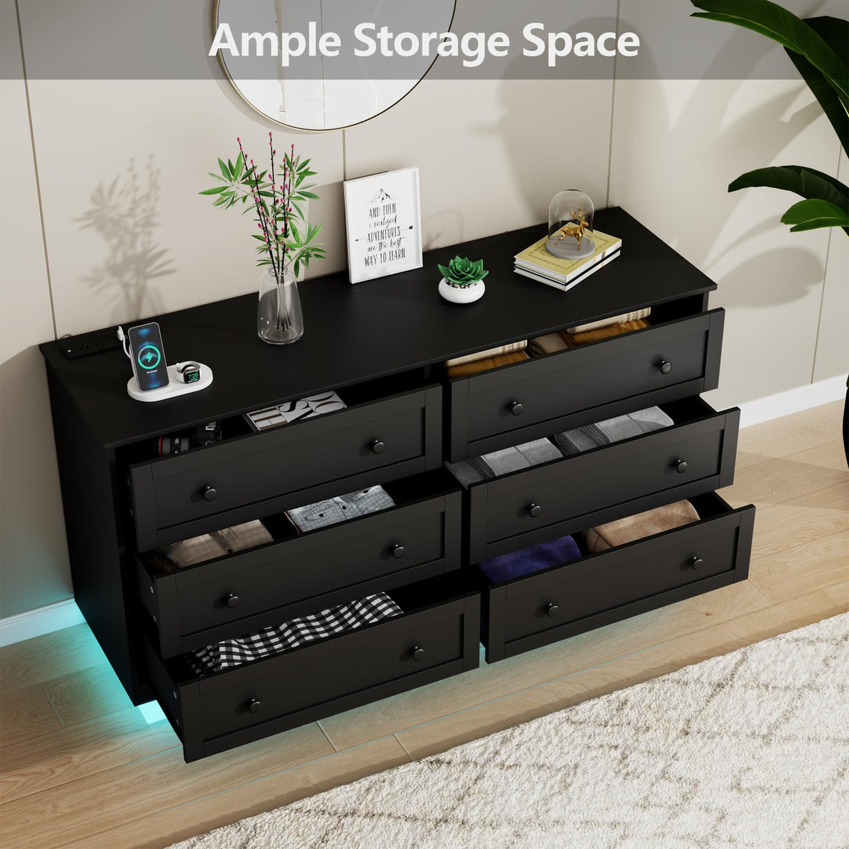 Loomie 6 Drawer Dresser with Power Outlet, Modern Chest of Drawers with Led Light, Double Wide Drawer Organizer Cabinet, Black Dresser for Bedroom, Living Room Loomie