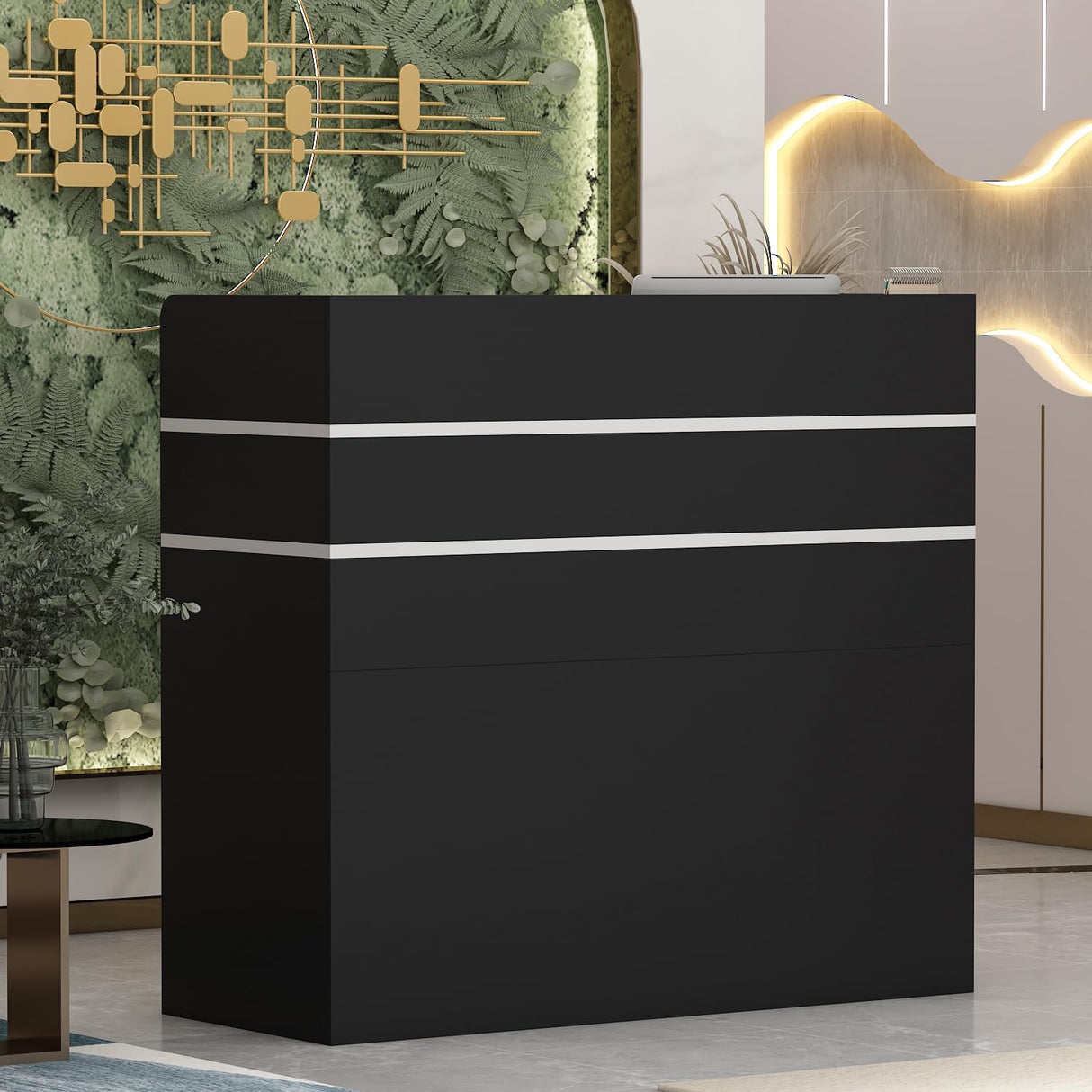 FUFU&GAGA Reception Desk with Counter, Lockable Drawers & Shelves, Cabinet, Front Counter Table for Checkout, Salon Reception Room Store Office, Black, 47.3" W x 18.3" D x 43.3" H FUFU&GAGA