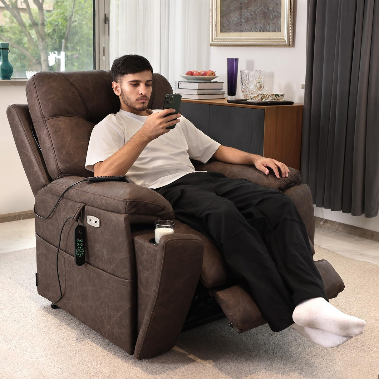 EONIX Triple Motor Lay Flat Power Lift Recliner Chair for Elderly, 400lbs Large Electirc Lift Chair for Living Room, Independent Adjustable Lumbar, Extended Footrest, Hidden Cup Holders, Dark Brown EONIX