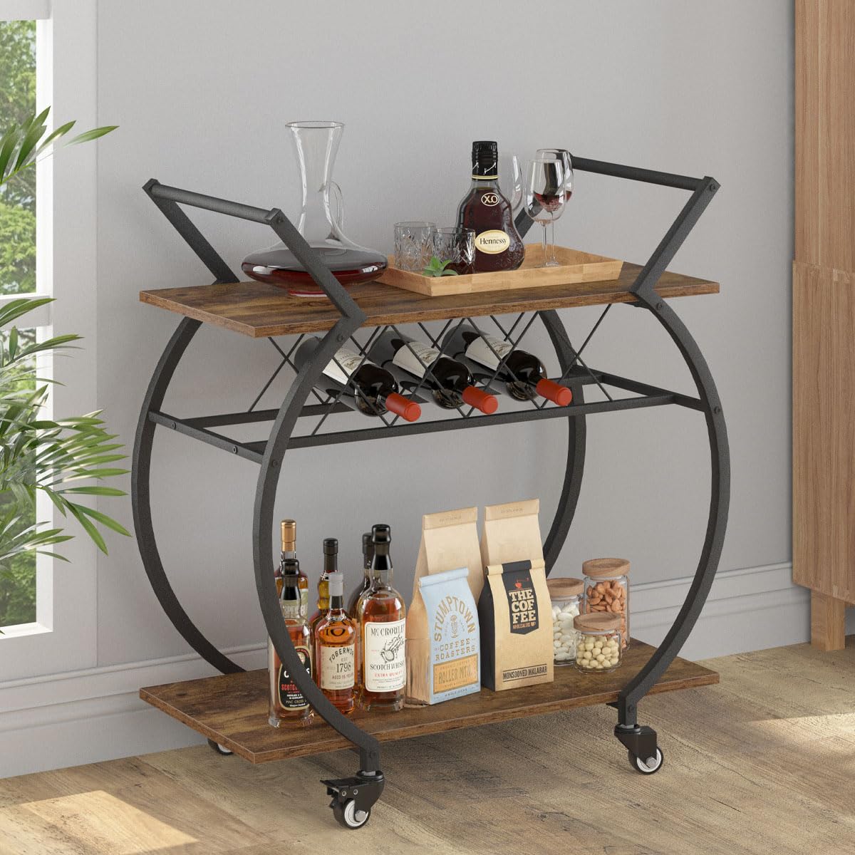 LVB Industrial Kitchen Bar Cart, Farmhouse Beverage Serving Liquor Cart with Wheels, Wood and Metal Rolling Wine Cart with Storage Shelf, Microwave Drink Cart for Home Living Dining Room, Rustic Brown LVB