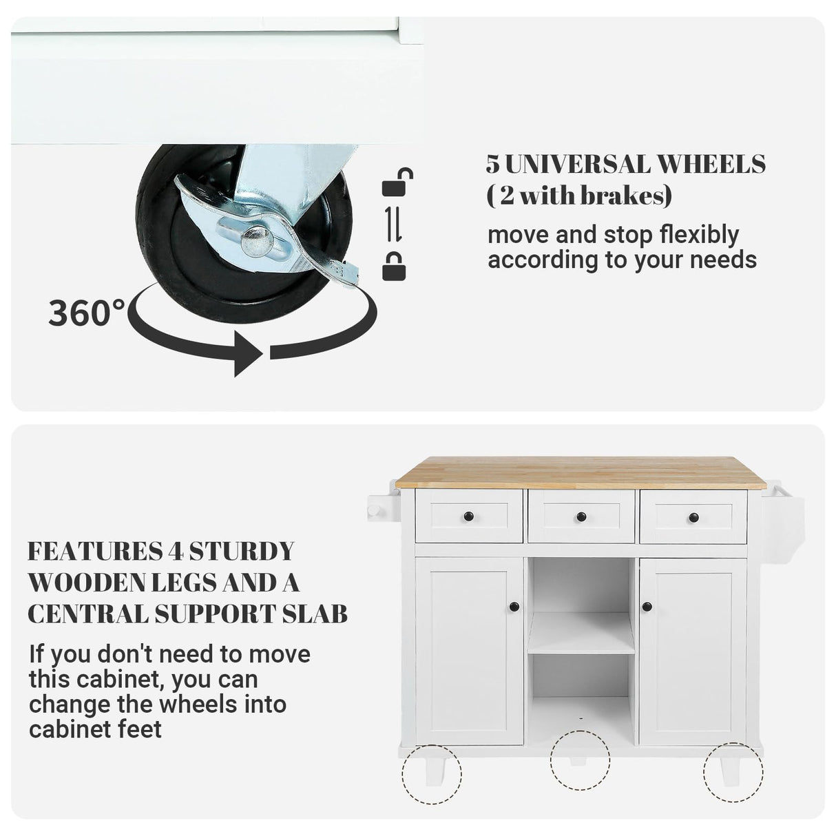 Rovibek Kitchen Island with Drawers 53 in Rolling Island Cart Mobile Solid Wood Portable Islands on Wheels with Storage Cabinet & Drawers, White Rovibek