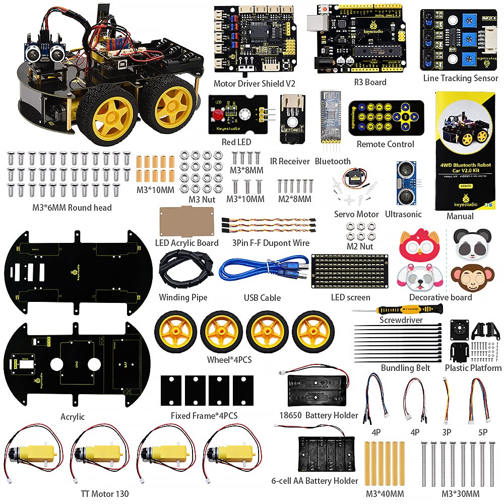 KEYESTUDIO Smart Car Robot,4WD Programmable DIY Starter Kit for Arduino for Uno R3,Electronics Programming Project/STEM Educational/Science Coding Kit for Teens Adults,15+ KEYESTUDIO