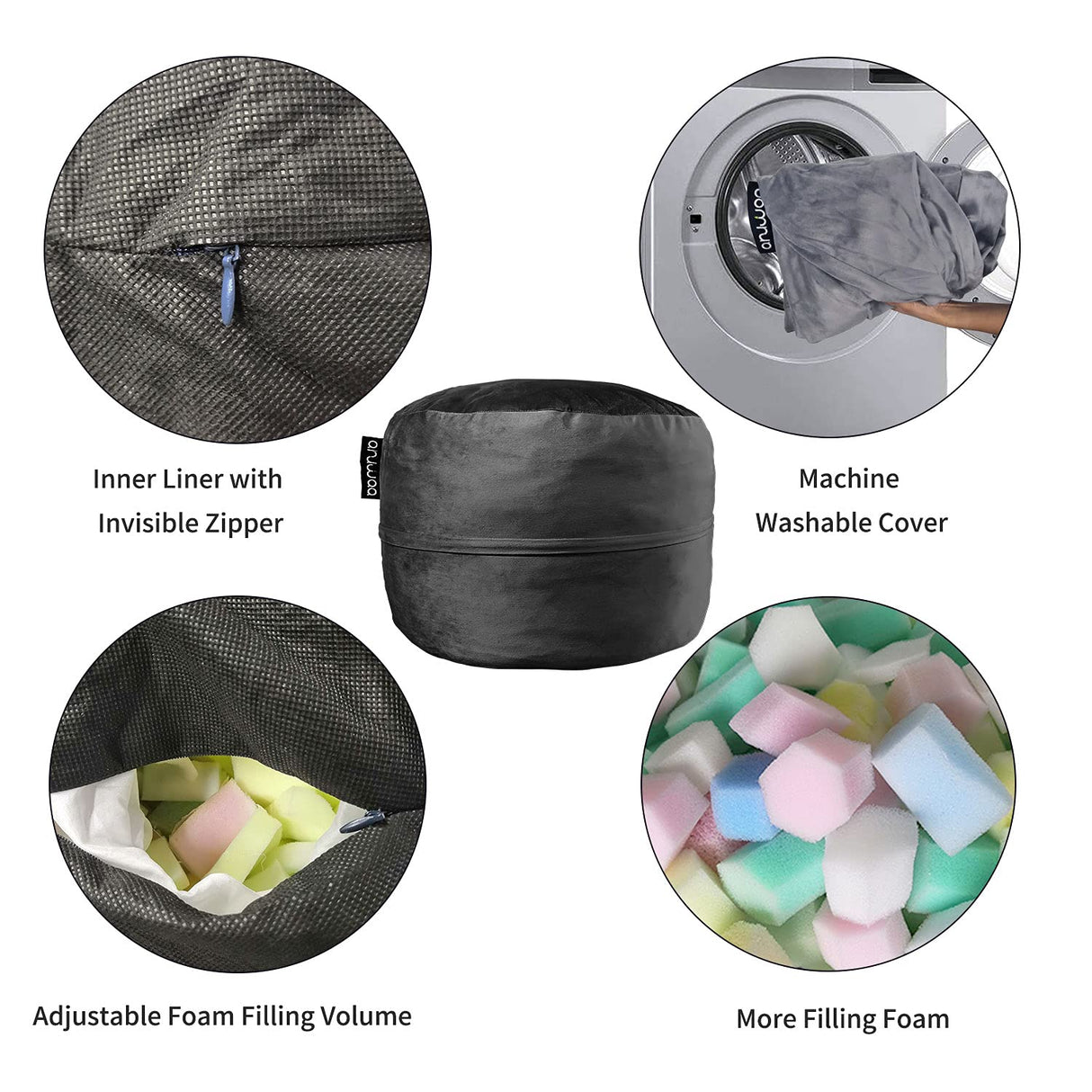 Bean Bag Chair for Adults, 4FT High-Rebound Memory Foam Bean Bag Sofa with Removable Cover, Oversized Bean Bag Couch for Gaming, Reading, and Relaxation, Black Anuwaa