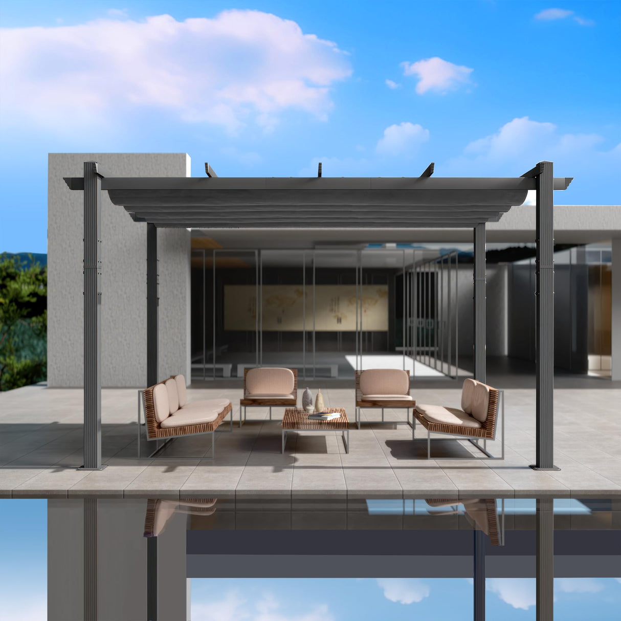 Kozyard Morgan Outdoor Retractable Pergola with Sun Shade Canopy Patio Aluminum Pergola Shelter for Backyard Deck Garden Modern Metal Grill Gazebo (10' x 13', Gray) Kozyard