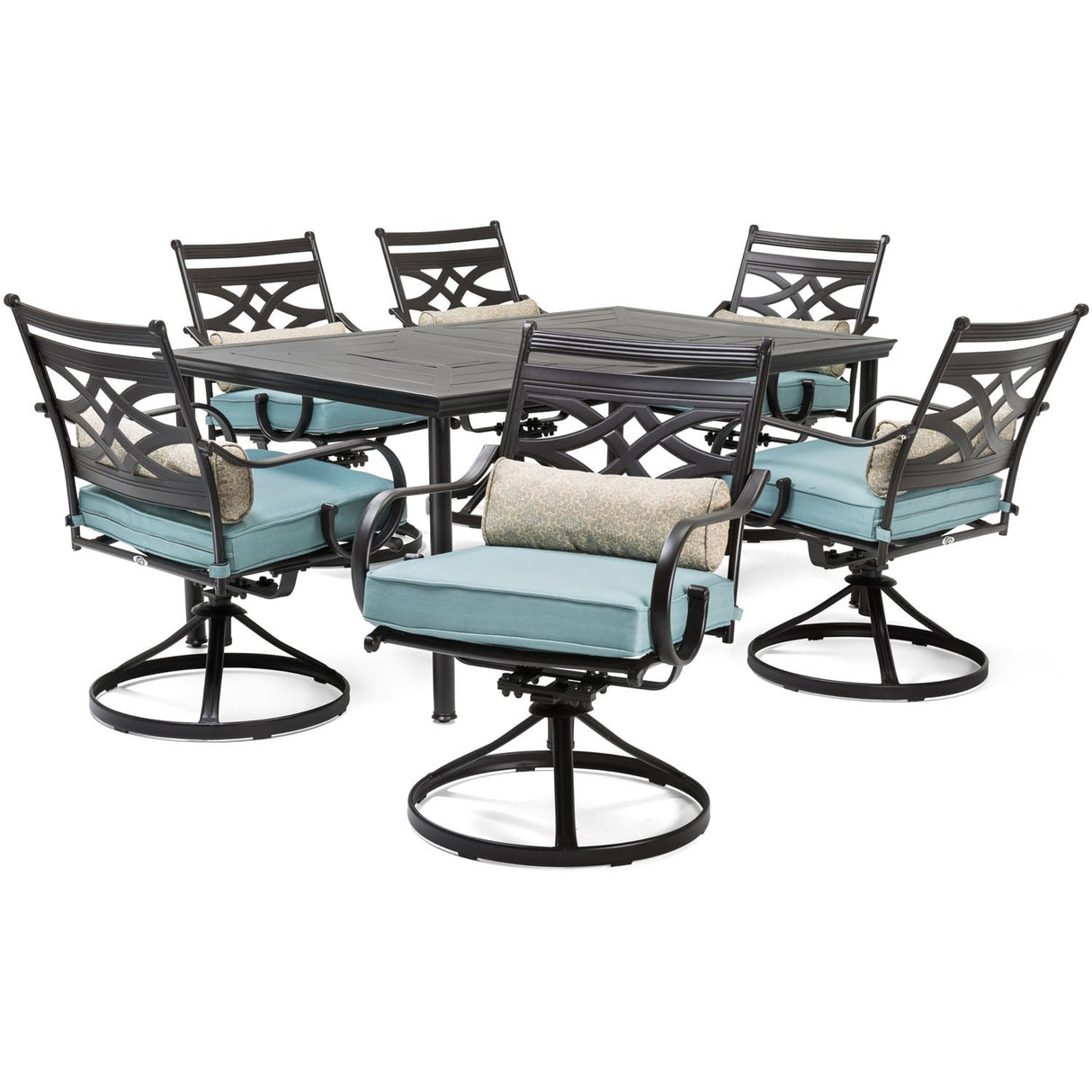 Hanover Montclair 7-Piece Outdoor Dining Set with 6 Swivel Rockers, Ocean Blue Cushions and Stamped Steel Rectangular Dining Table, Patio Dining Set for 6, Premium All-Weather Patio Furniture for Deck Hanover
