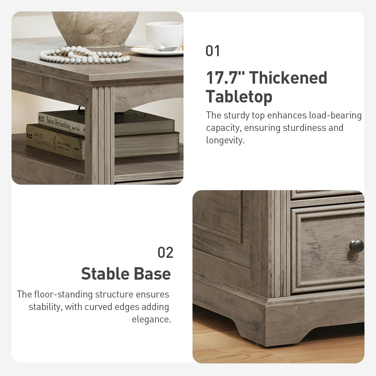 RALGEND Farmhouse End Table with 2 Drawers, Narrow Sofa Side Table with Storage and Open Shelf, Wooden Nightstand for Small Spaces, Bedroom, Living Room, Greige RALGEND