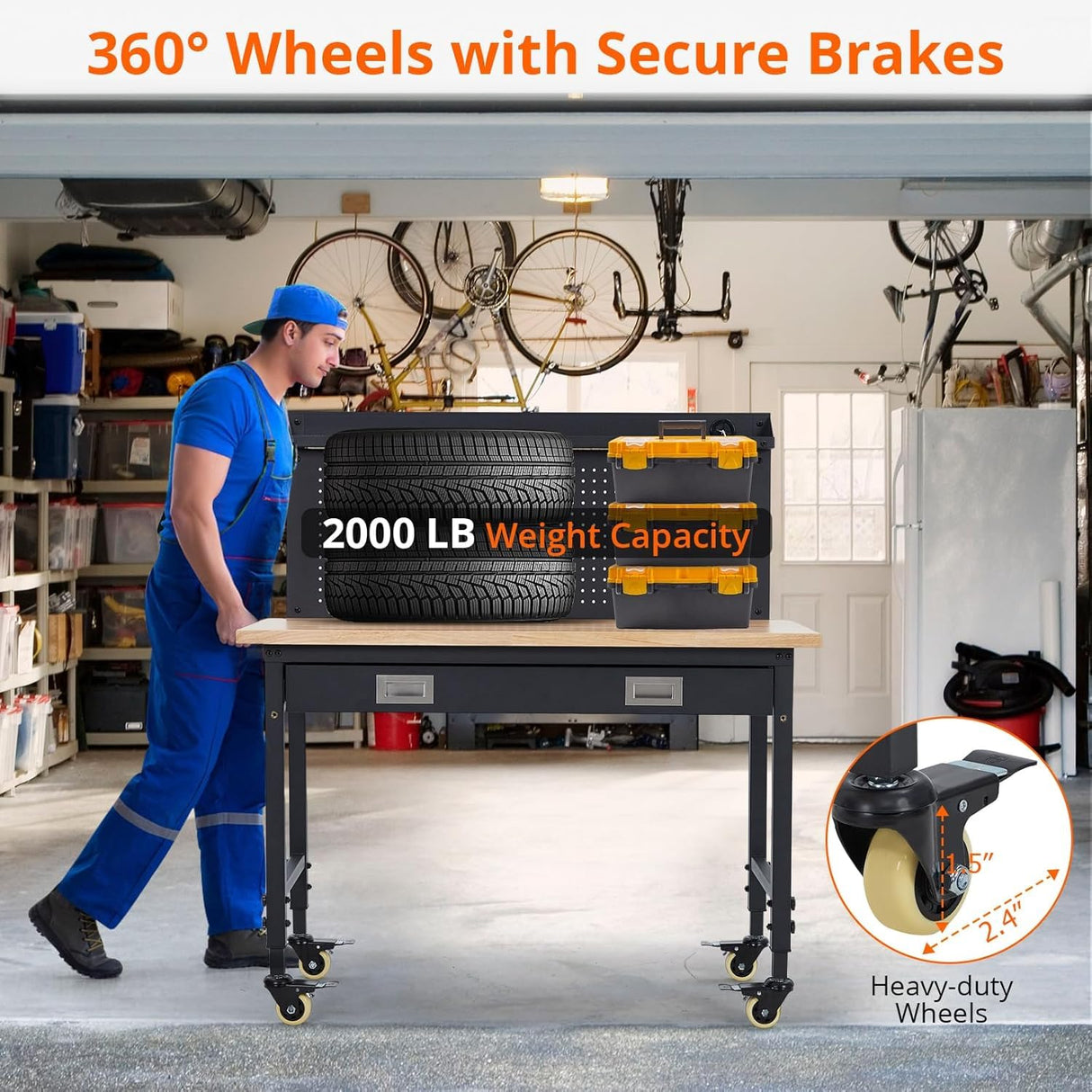 48"x 24" Workbench with Drawer for Garage, Rolling Heavy-Duty Worktable with Backplate & Light Strip, Adjustable Height Rubber Wood Top Shop Table for Workshop, 2000LBS Load Capacity ElfinAura