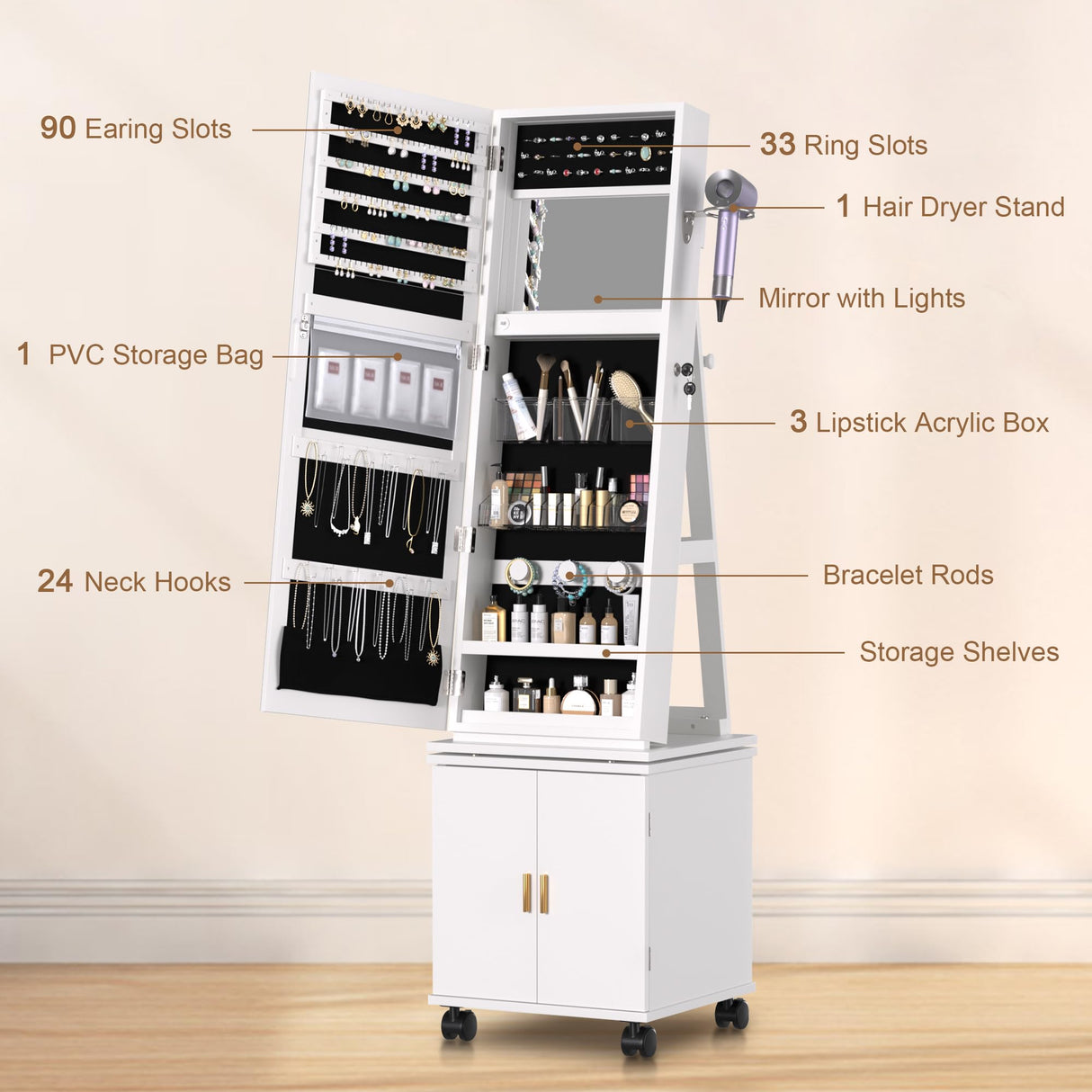 VECELO Jewelry Cabinet Standing Full Length Mirror with Interior LED Lights, 360° Swivel Lockable Jewelry Armoire with Bottom Cabinet Back Storage Shelf and Four Wheels, White VECELO