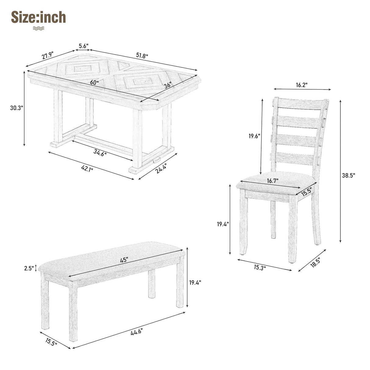 Merax 6-Piece Rubber Dining Table Set with 4 Cushioned Chairs and Bench, Beautiful Wooden Grain Pattern Tabletop, 60 x 36 x 30.3 inch, Natural Wood Wash Merax