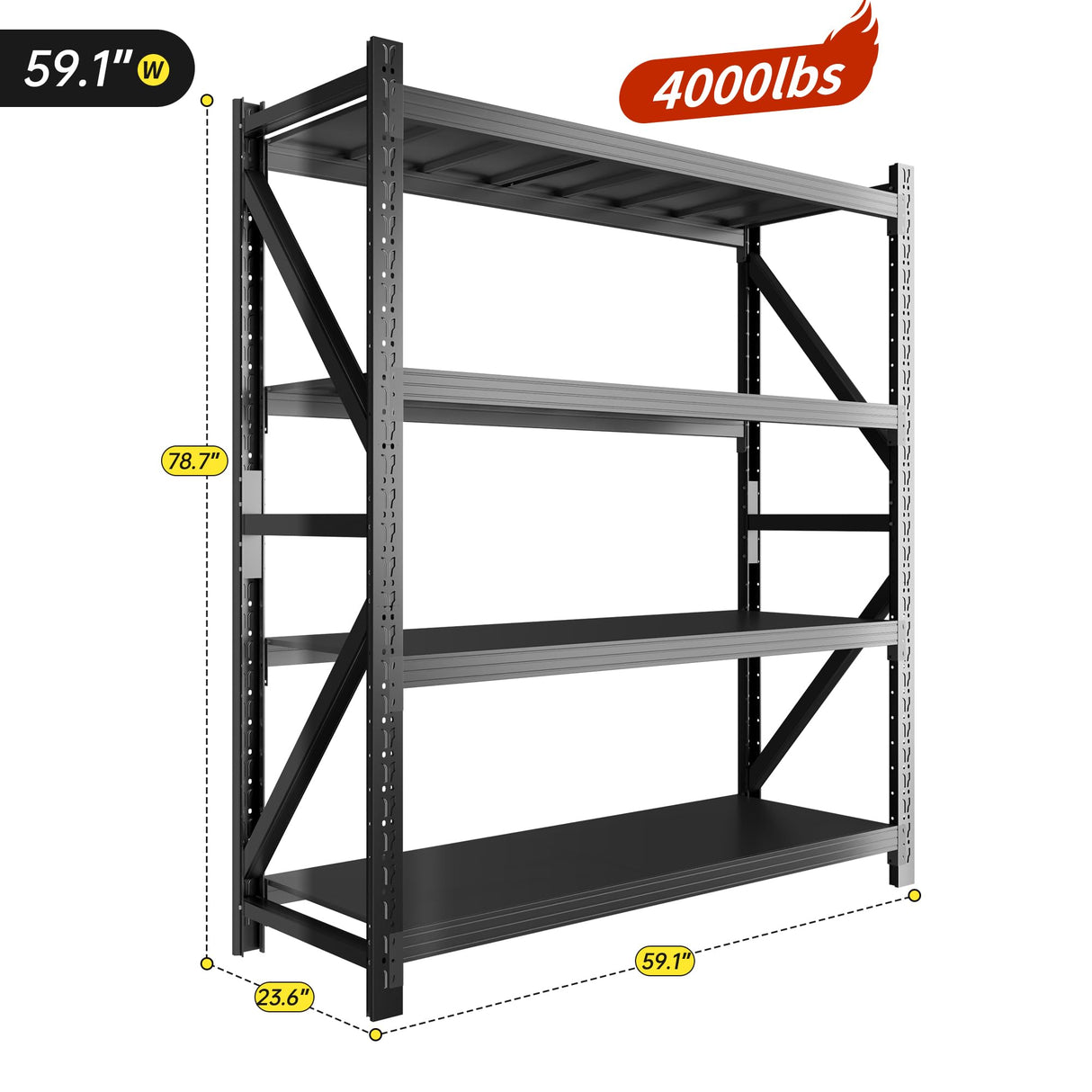 InaryLof Metal Garage Shelving,4000 LBS Garage Shelving Unit and Storage,Adjustable 4-Tier Heavy Duty Shelving,Garage Storage Shelves for Shop,Basement,Garage (Black, 23.6" D*59.1" W*78.7" H) InaryLof