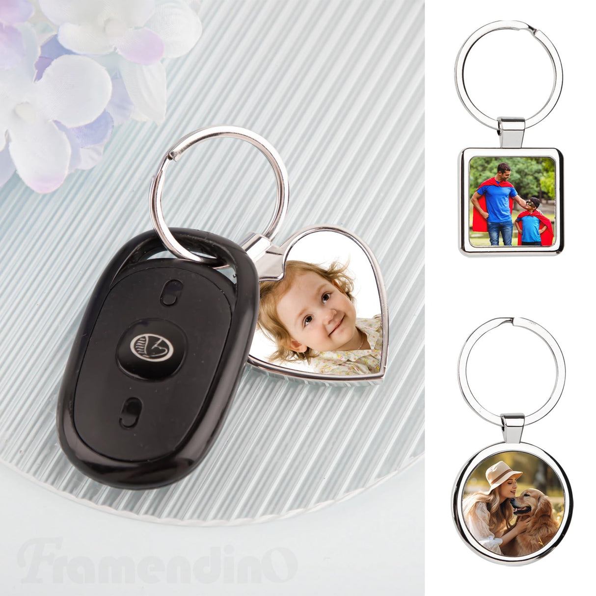 Framendino, 12 Pack Sublimation Keychain Blanks Heat Transfer Press Blank Key Chains with Key Rings for DIY Photos Crafts Rectangular Round Square Love Heart Silver Framendino