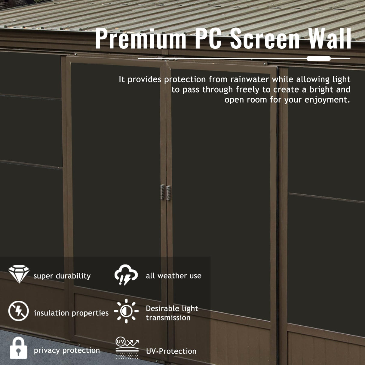 Domi 10x12FT Sunroom Gazebo,Solarium Aluminum Wall Mounted Gazebo with Galvanized Steel Sloping Roof,Lockable PC Screen House,with Front Door&Side Sliding Door,Lean to Gazebo for Patio Deck Lawn domi outdoor living