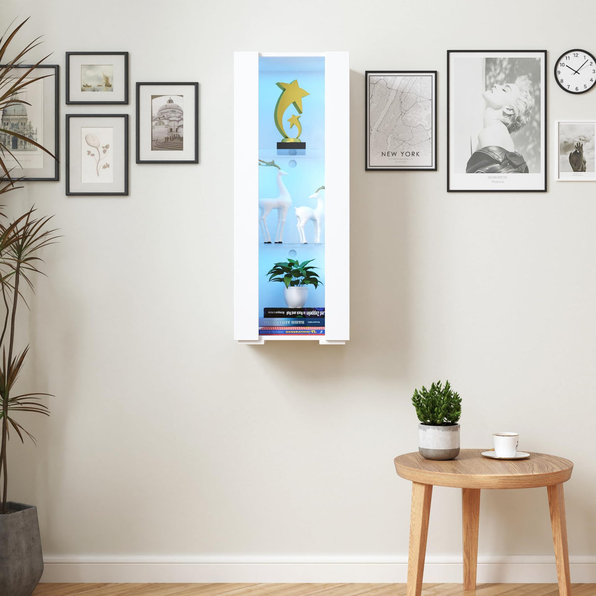 Pvillez 39" LED Display Cabinet with 3 Glass Shelves & 1 Door, Modern Wall-Mounted Curio Cabinet Display Case Storage Cabinet, High Gloss Floor Standing Bookshelf for Living Room Bedroom (White) Pvillez