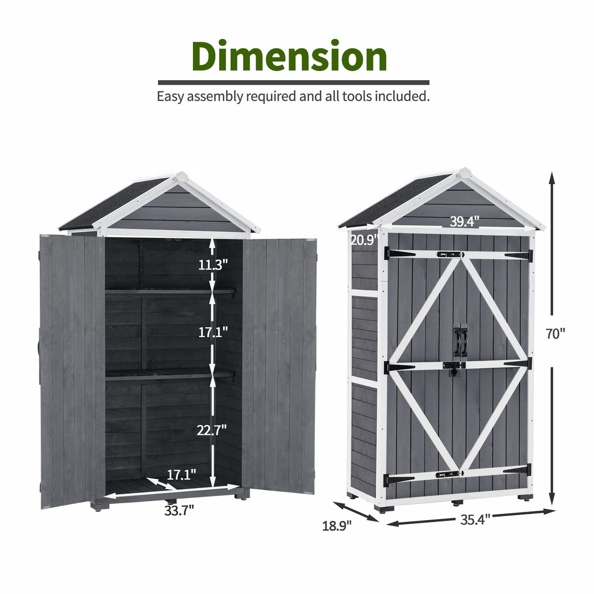 MCombo Outdoor Storage Cabinet with 2 Shelves, Outside Storage Shed with Floor, Wooden Garden Tool Shed with Latch for Yard Deck Lawn, 1000 MCombo
