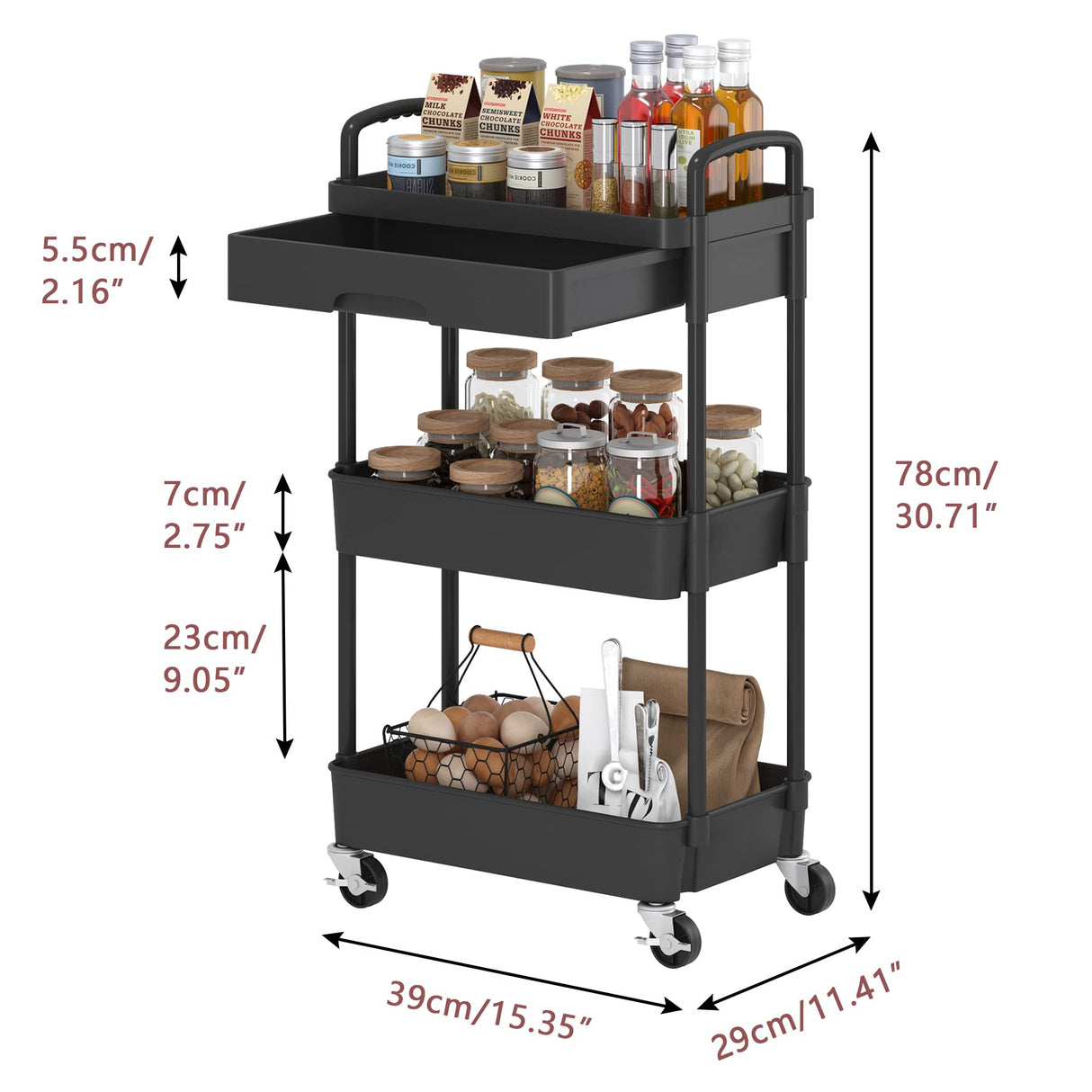 Dttwacoyh 3-Tier Rolling Cart,Trolley with Drawer, Multifunctional Storage Organizer with Plastic Shelf & Metal Wheels, Kitchen Storage Cart for Living Room, Kitchen, Office, Bathroom, Black Dttwacoyh