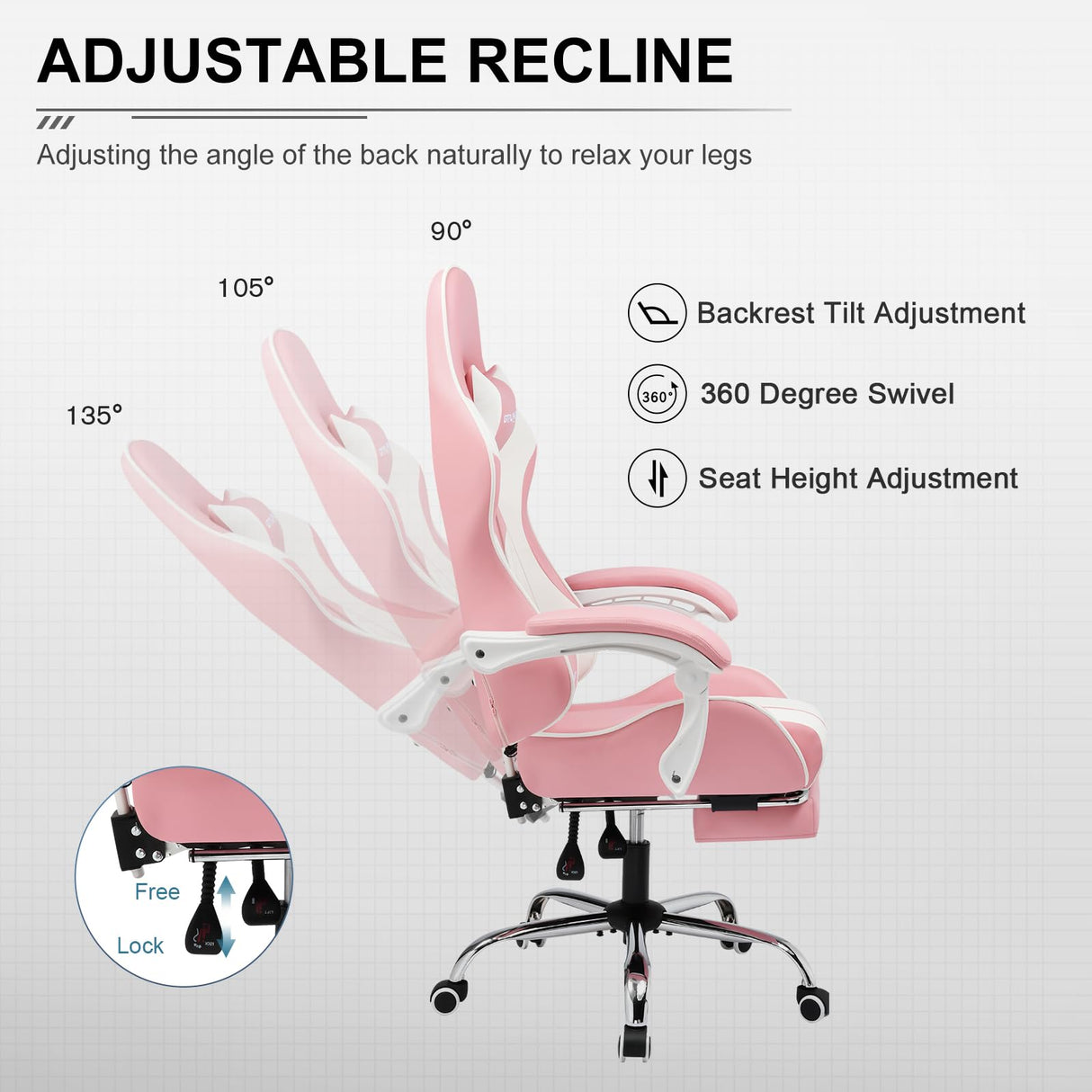 GTPLAYER Gaming Chair, Computer Chair with Footrest and Lumbar Support, Height Adjustable Game Chair with 360°-Swivel Seat and Headrest and for Office or Gaming (Faux Leather, Pink) GTPLAYER