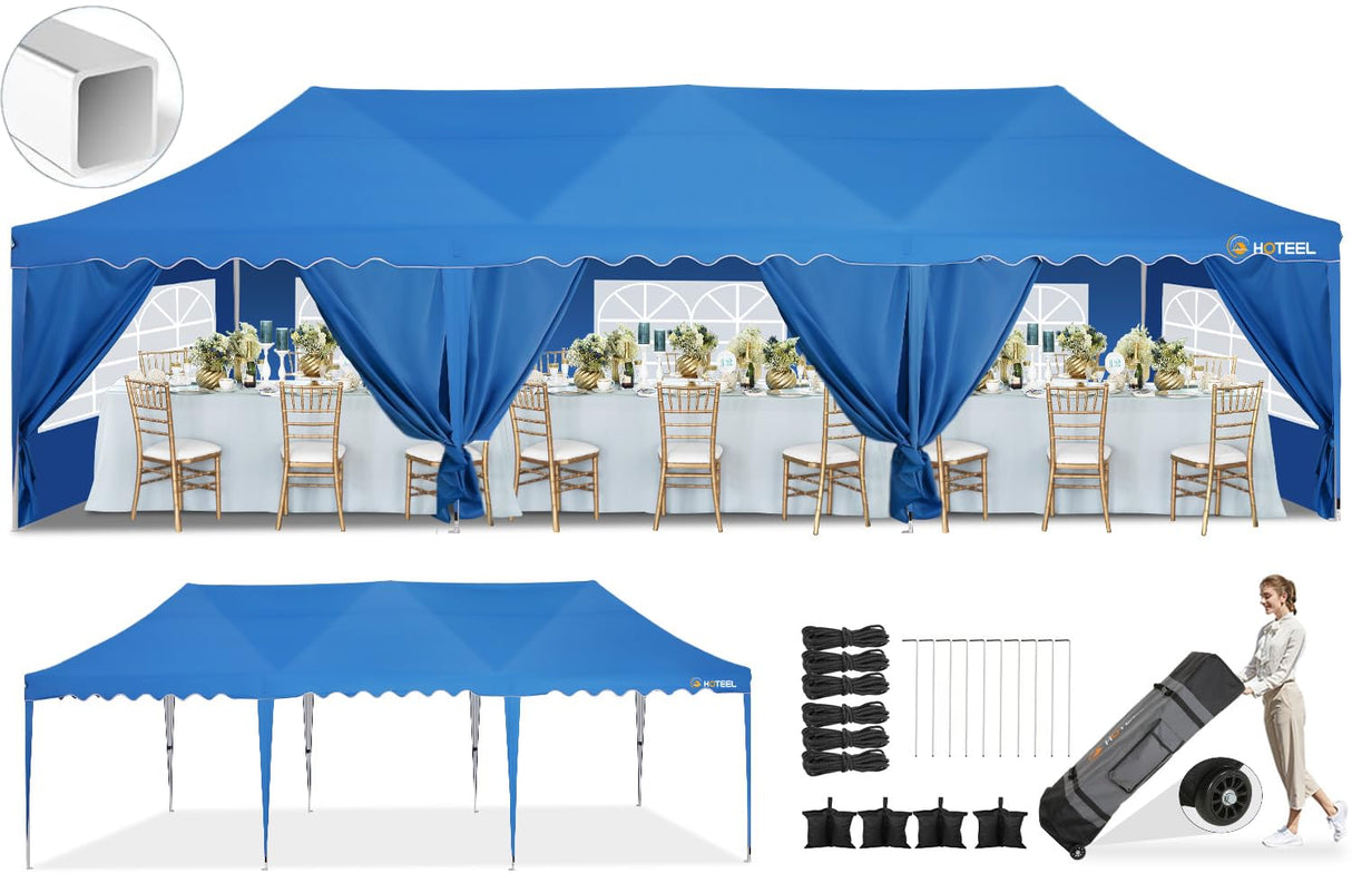 HOTEEL Party Tent 10x30 Pop Up Canopy Tent with 8 Sidewalls, Wheeled Bag, 4 Weight Bags, Easy Setup Outdoor Tent for Backyard Party with Extra Height, Waterproof UPF50+ Event Tent for Patio, Blue Hoteel