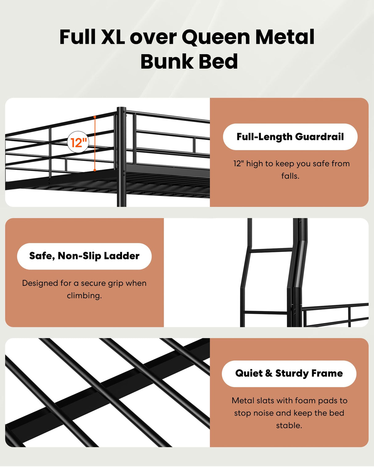 Mixcous Full XL Over Queen Bunk Bed with Trundle, Heavy-Duty Queen Bunk Bed with Safety Ladder and Full-Length Guardrail, Convertible to 3 Beds for Teens and Adults, Black Mixcous