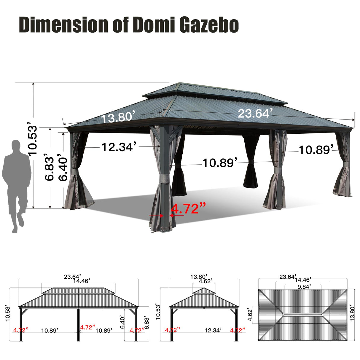 Domi 14'x24' Hardtop Gazebo Canopy,Outdoor Aluminum Gazebo with Galvanized Steel Double Roof, Extra Large Permanent Gazebo Pavilion for Patio Deck Backyard,Curtain and Netting,Grey domi outdoor living