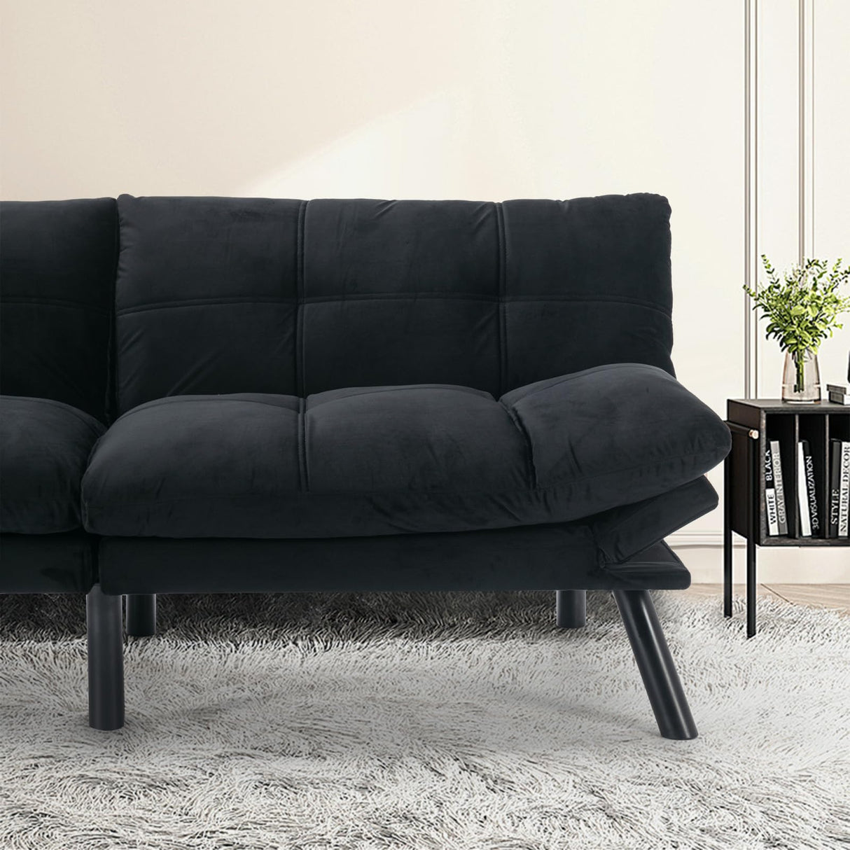 SoarTalent 67” Velvet Futon Sofa Bed Convertible Small Upholstered Couch 2-Seat Loveseat Sleeper with Adjustable Backrest and Armrest for Small Space Apartment,Gaming Room,Office(Black) SoarTalent