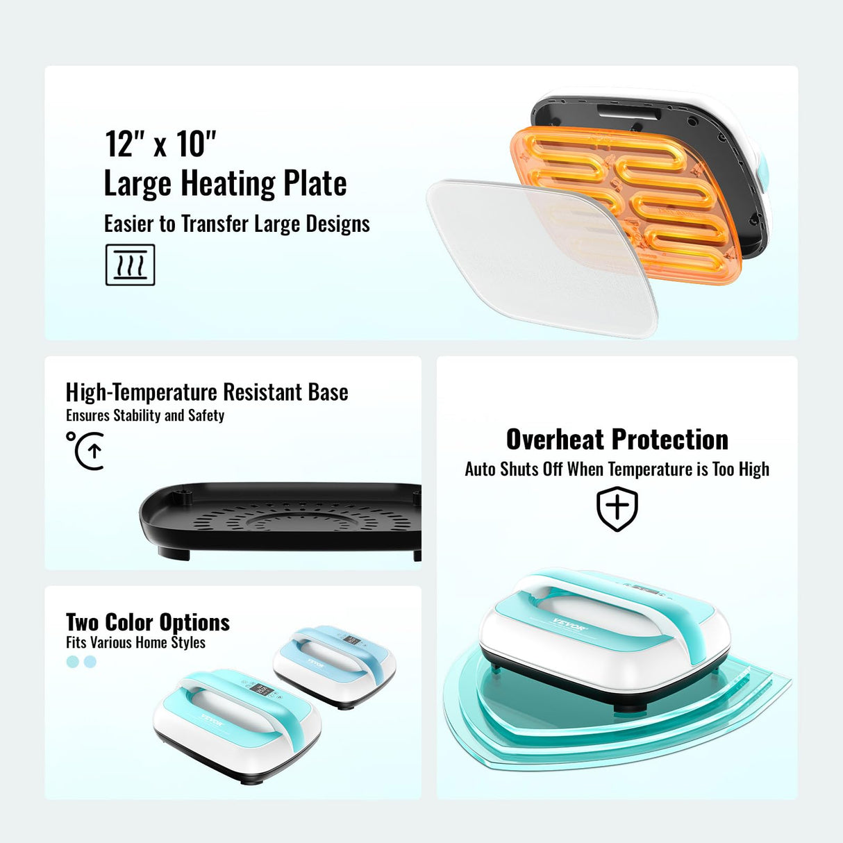 VEVOR Heat Press Machine - 12" x 10" Portable Heat Press - Heat Transfer Machine with Precise Temp Control and Auto-Off Dual-Tube Even Heating - Sublimation Machine for T-Shirts/Bags(Green+White) VEVOR