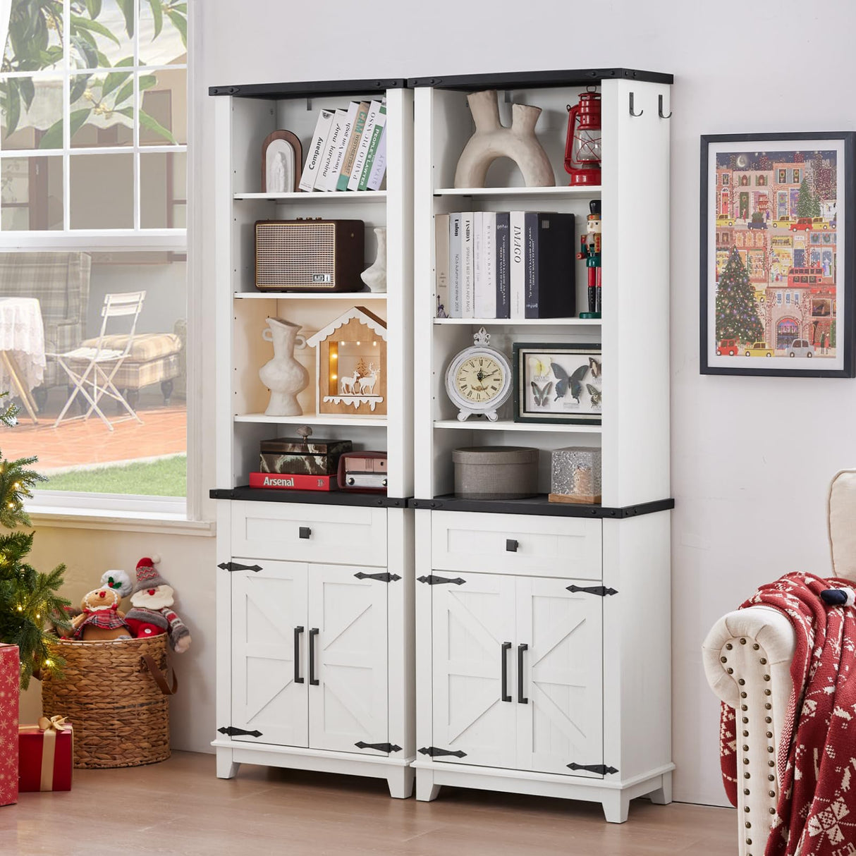 Joaxswe 72in Tall Bookshelf 7 Tier Bookcase with Drawer and Barn Doors and Adjustable Shelves, White Farmhouse Book Shelf with Storage Cabinet, Wood Freestanding Display Bookshelves for Kitchen (2PCS) Joaxswe