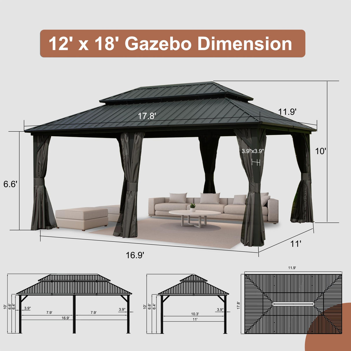 SHPAI Hardtop Gazebo 12x18FT, Aluminum Outdoor Gazebo with Galvanized Steel Double Roof Canopy, Curtains and Nettings, Metal Gazebo Permanent Pavilion for Patio Wedding, Party, Outdoor Dining, Gray SHPAI