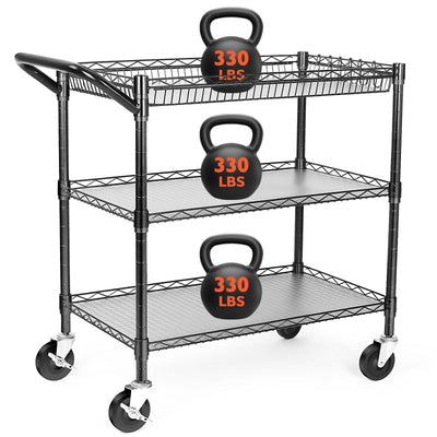 BolDuck Heavy Duty Utility Cart on Wheels,990Lbs Capacity 3 Tier Rolling Carts with Wheels,Kitchen Cart on Wheels with Storage,Commercial Grade Metal Serving Cart with Wire Shelving &Handle Bar,Black