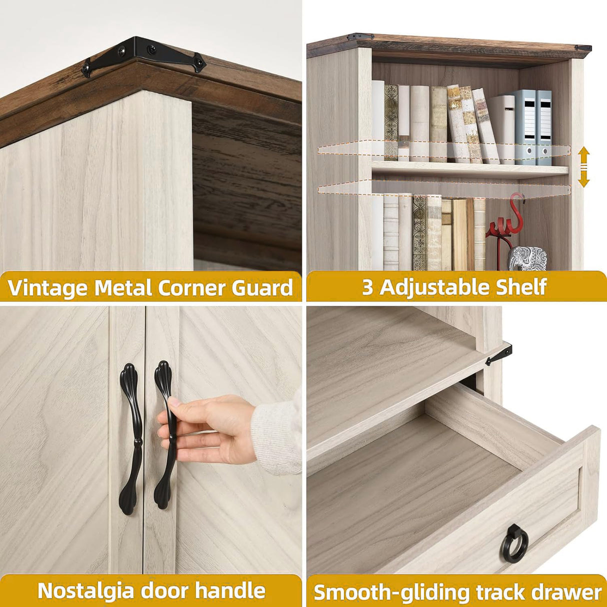 DWVO Bookcase with Doors & Drawers, Tall Bookshelf with Storage Shelves, Standing Display Shelf Organizer Rack for Home Office, Living Room, White+Walnut Grain DWVO