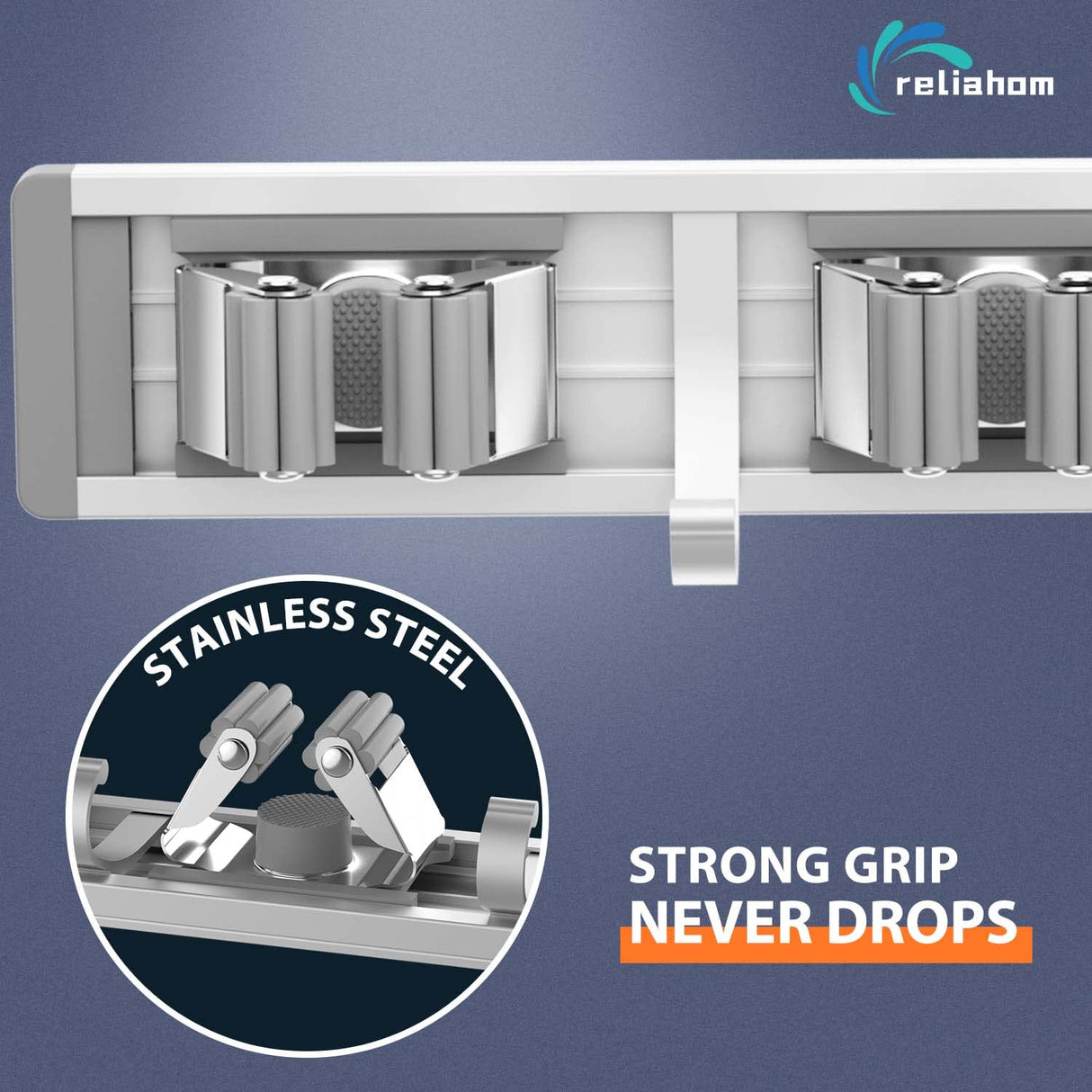 reliahom 2 Pack Broom Holder Wall Mount Mop and Broom Hanger Wall Mounted Garage Storage Rack Kitchen Garden Tool Organizer (5 Racks with 4 Hooks, Silver) reliahom