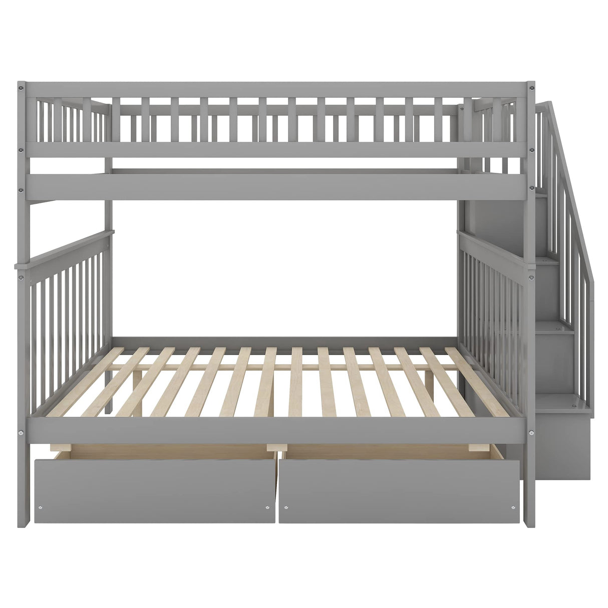 Full Over Full Bunk Beds with Drawers and Stairs Stairway Bunk Bed Frame with Storage Shelves for Kids Teens Adult, Wood Full Bunk Bed for Boys Girls Adults, Gray Bellemave