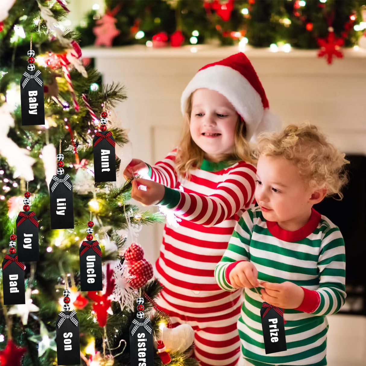 DIYASY 12 Pack Christmas Stocking Name Tags, Personalized Wooden Haning Tags Farmhouse Stocking Sign Unfinished Blank Chalkboard Tags with Wood Beads, Bows, Hemp Rope & Needle DIYASY