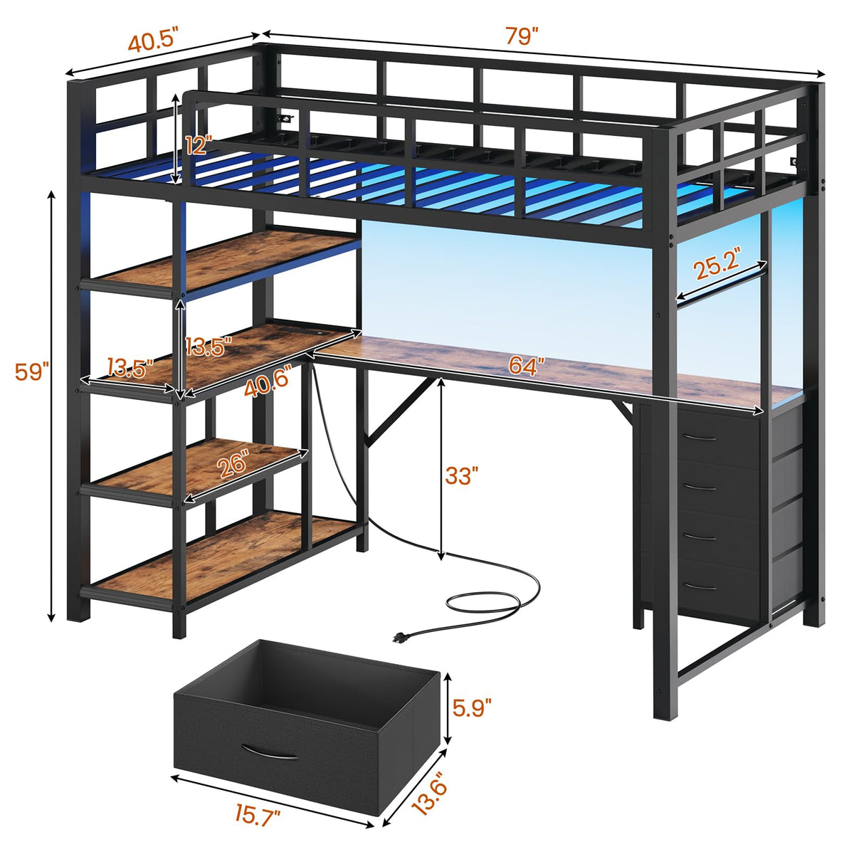 UPOSOJA Loft Bed Twin Size with L Shape Desk,4 Drawers,3-Tier Storage Shelves Metal Loft Bed Frame with Power Outlet and LED Lighted,No Box Spring Needed,Space-Saving,Noise Free,Black UPOSOJA