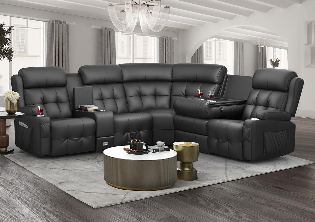 Reclining Sectional Couches for Living Room, L Shaped Large Sectional Reliner Sofa, Faux Leather Couch, Home Theater Seating with Console, Recliner Couch & Sofa Aotolo